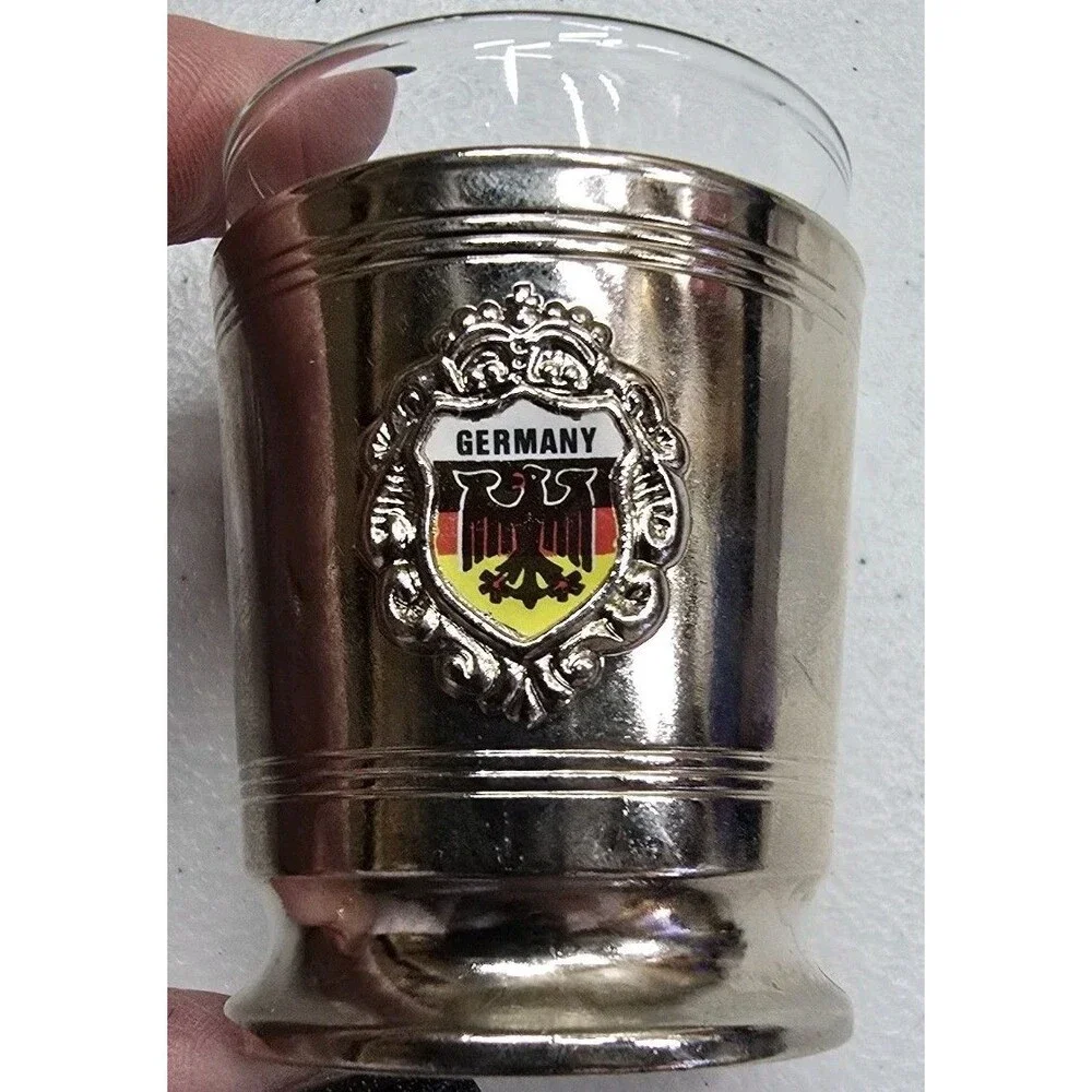 Vintage 2-Germany Shot Glasses Metal Overlay With German Eagle Flag Emblem